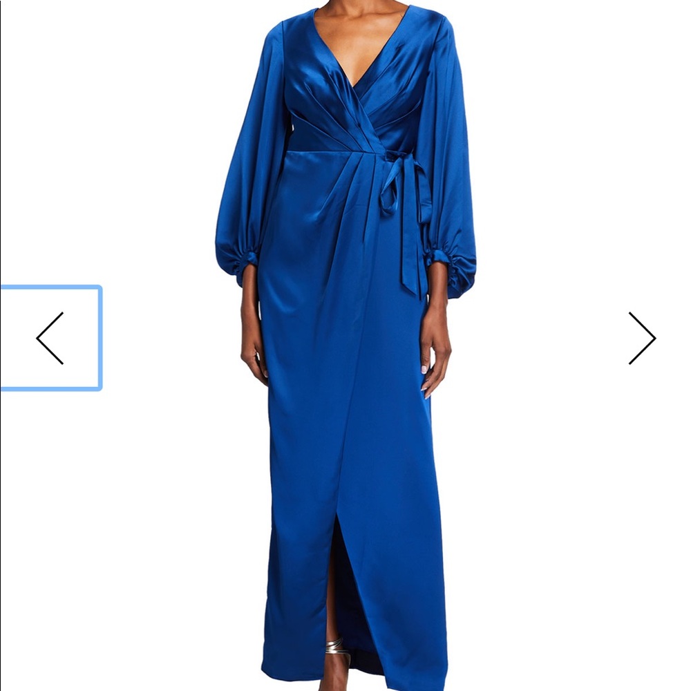 Aidan Mattox
Bishop-Sleeve Long Satin Wrap Dress